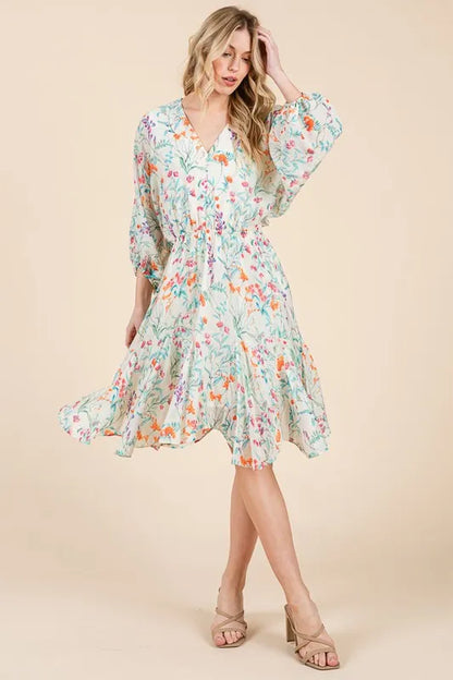 Floral Cinched Waist Balloon Sleeve V-Neck Dress in Ivory Floral - product view 12
