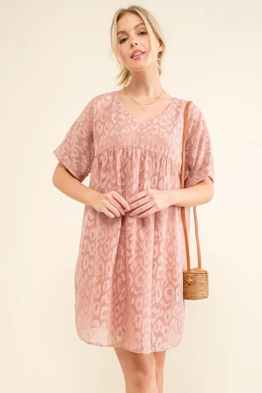 Woven Leopard Baby Doll Roll-Sleeve Casual Dress - Mauve - product view 8