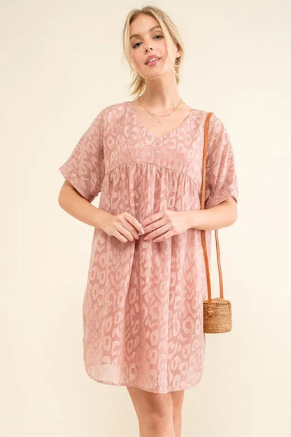 Woven Leopard Baby Doll Roll-Sleeve Casual Dress - Mauve - product view 8