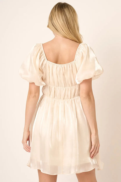 Metallic Organza Fabric Balloon Sleeve Mini Dress in Cream - product view 8