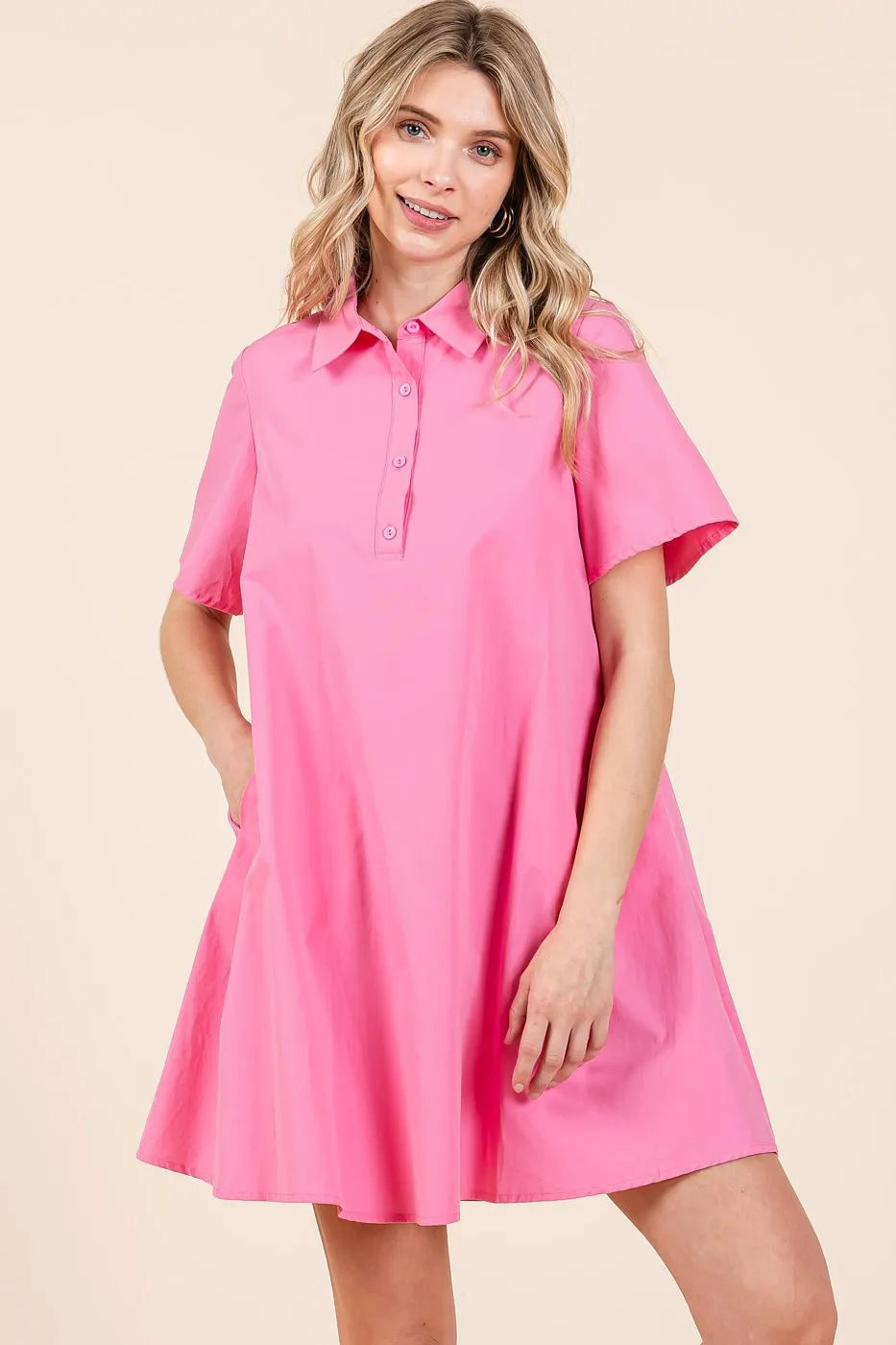 Poplin Collar Pleated Back Mini Dress in Pink - product view 1