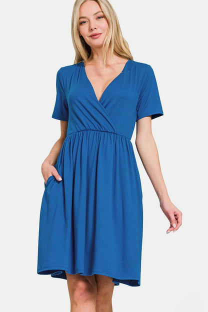 Surplice Short Sleeve Brushed DTY Dress - Classic Blue - product view 1