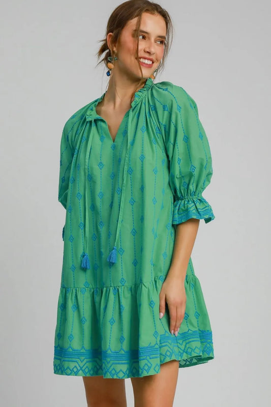 Full Size Tassel Embroidered Flounce Sleeve Mini Dress Plus Size in Green - product view 1