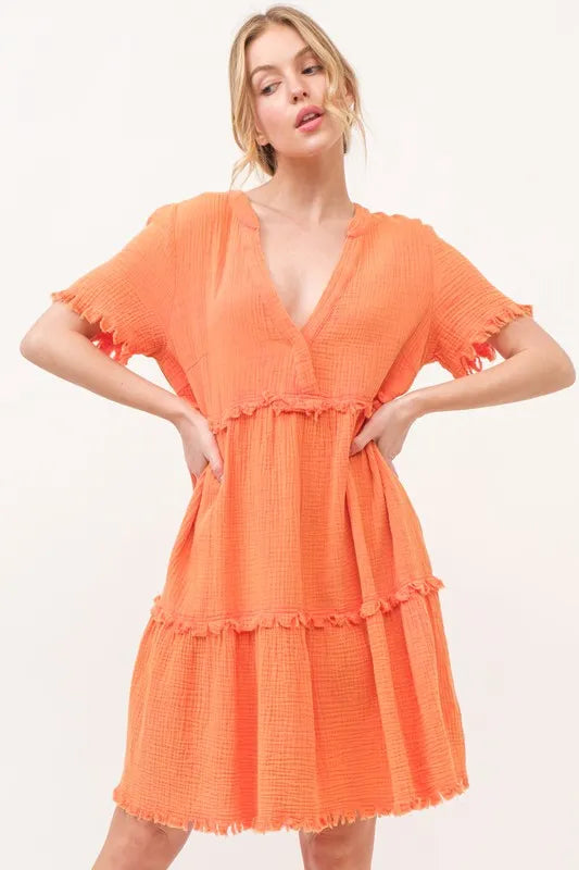 Washed Frayed Detail Tiered Dress - Orange - product view 1