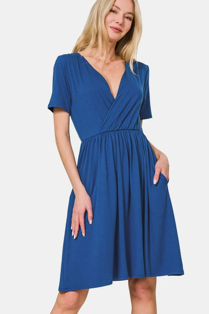 Surplice Short Sleeve Brushed DTY Dress - Navy - product view 3