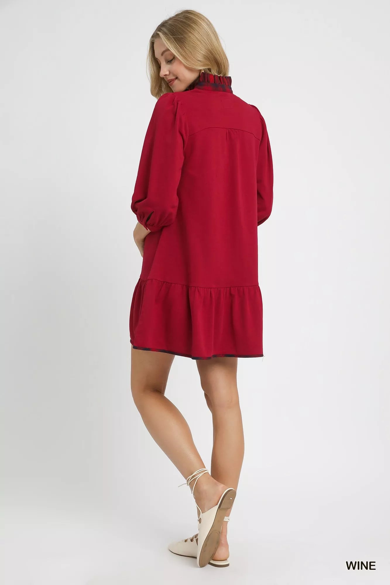 French Terry Ruffle Hem Dress with Plaid Trim - Wine - product view 4