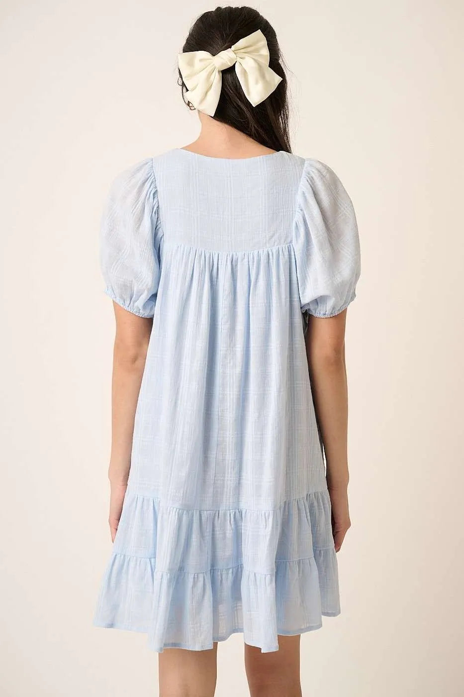 Tassel Tie Plaid Gauze Short Sleeve Mini Dress in Blue - product view 3