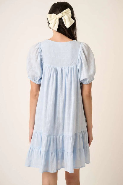 Tassel Tie Plaid Gauze Short Sleeve Mini Dress in Blue - product view 3