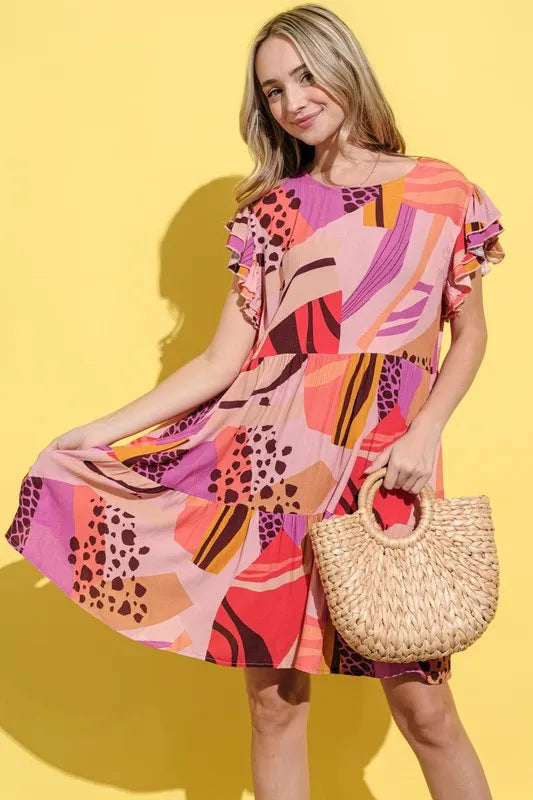 Printed Double Ruffles Sleeve Dress in Mauve - product view 2