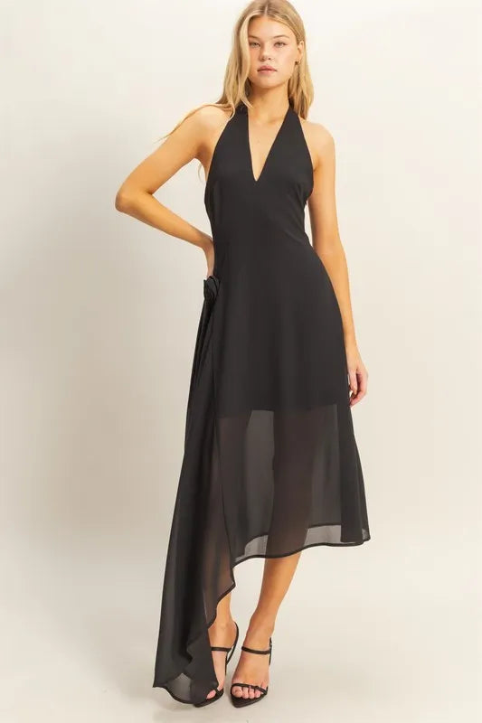 Chiffon Halter Asymmetrical Hem Dress - Black - product view 1
