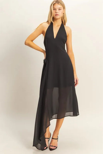 Chiffon Halter Asymmetrical Hem Dress - Black - product view 1