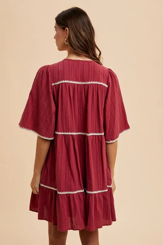 Tassel Contrast Trim Tie Neck Half Sleeve Tiered Dress - Burgundy - product view 3