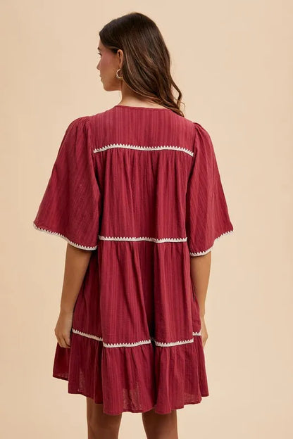 Tassel Contrast Trim Tie Neck Half Sleeve Tiered Dress - Burgundy - product view 3