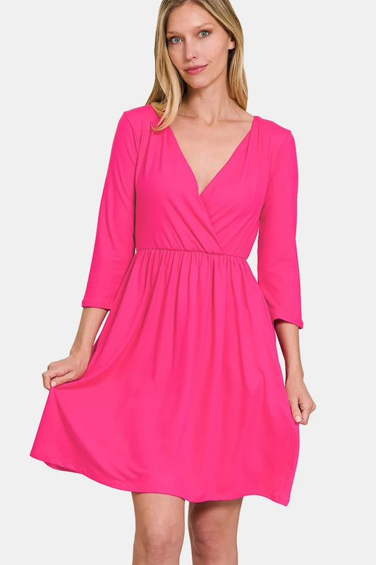 Three-Quarter Sleeve Surplice Dress with Pockets in Hot Pink - product view 1