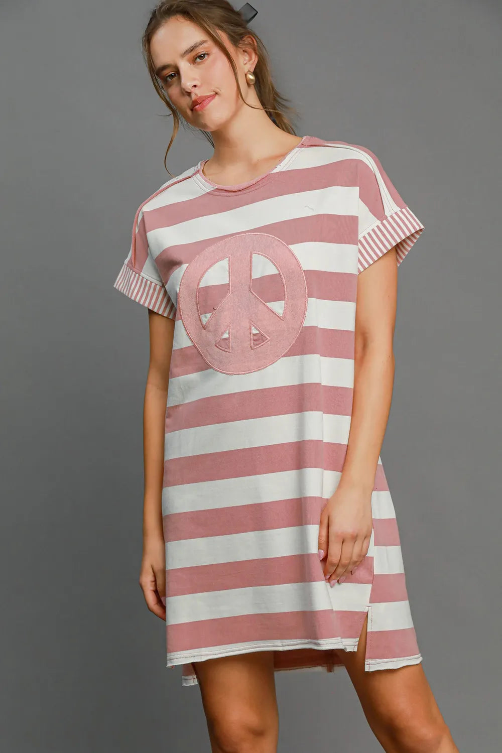 Peace Applique Striped Short Sleeve Mini Dress - Dusty Pink - product view 4