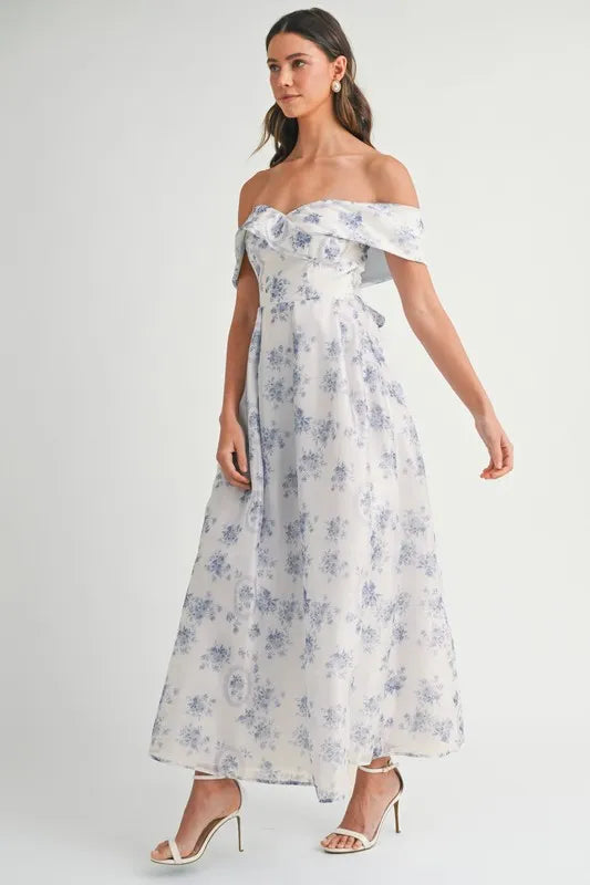 Floral Printed Off Shoulder Maxi Dress in Blue - product view 8