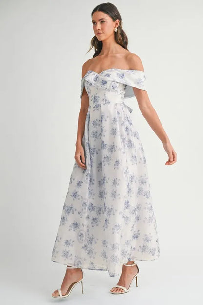 Floral Printed Off Shoulder Maxi Dress in Blue - product view 8