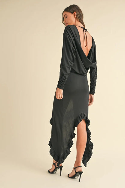 Backless Asymmetric Ruffle Hem Dress - Black - product view 2