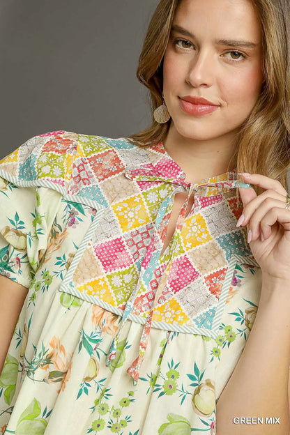 Floral Print Tie Neck Puff Sleeve Dress - Green Mix - product view 3