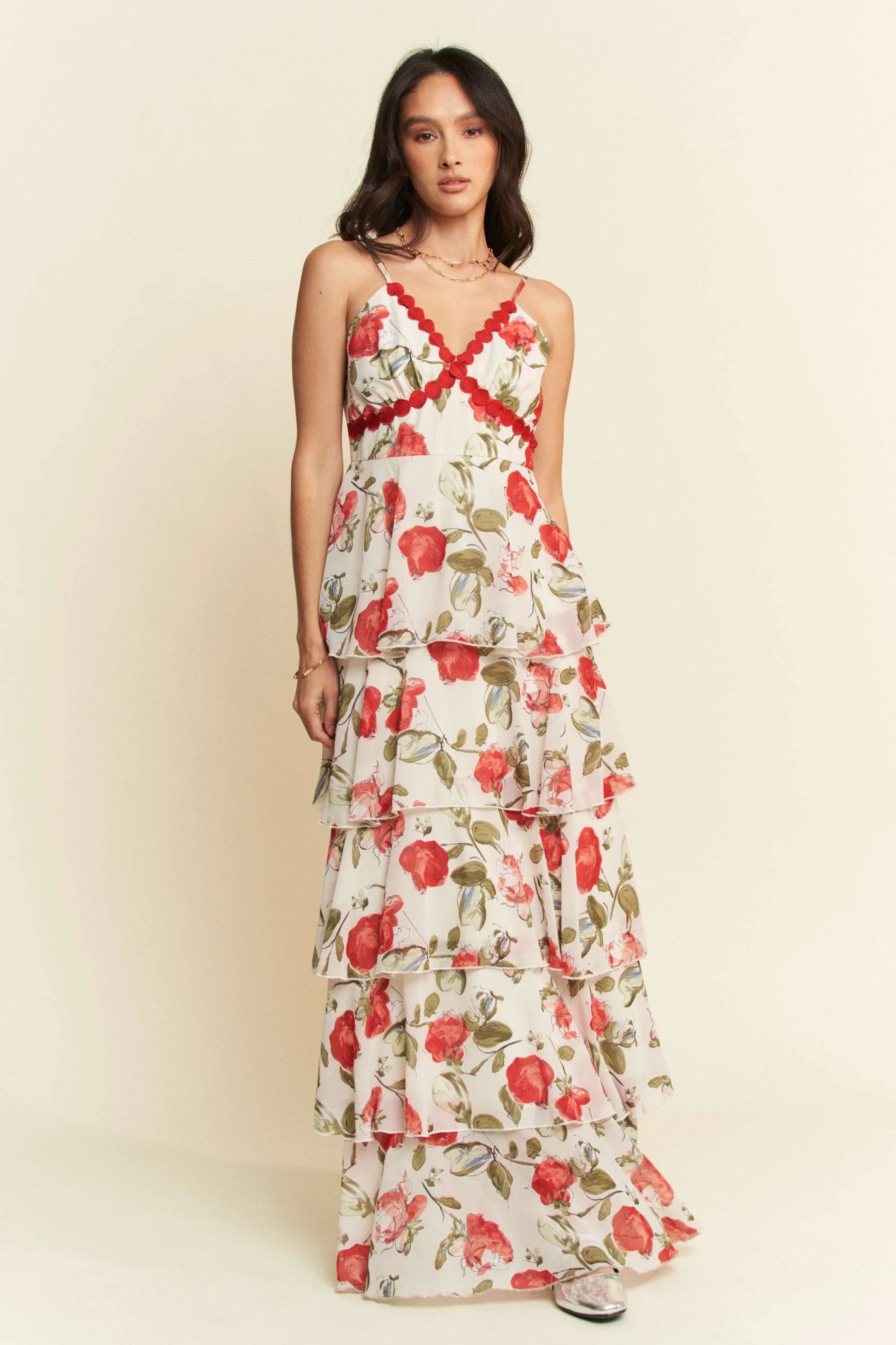 Contrast Ring Lace Layered Ruffle Maxi Cami Dress in Ivory Red - product view 3