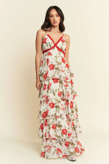 Contrast Ring Lace Layered Ruffle Maxi Cami Dress in Ivory Red - product view 3