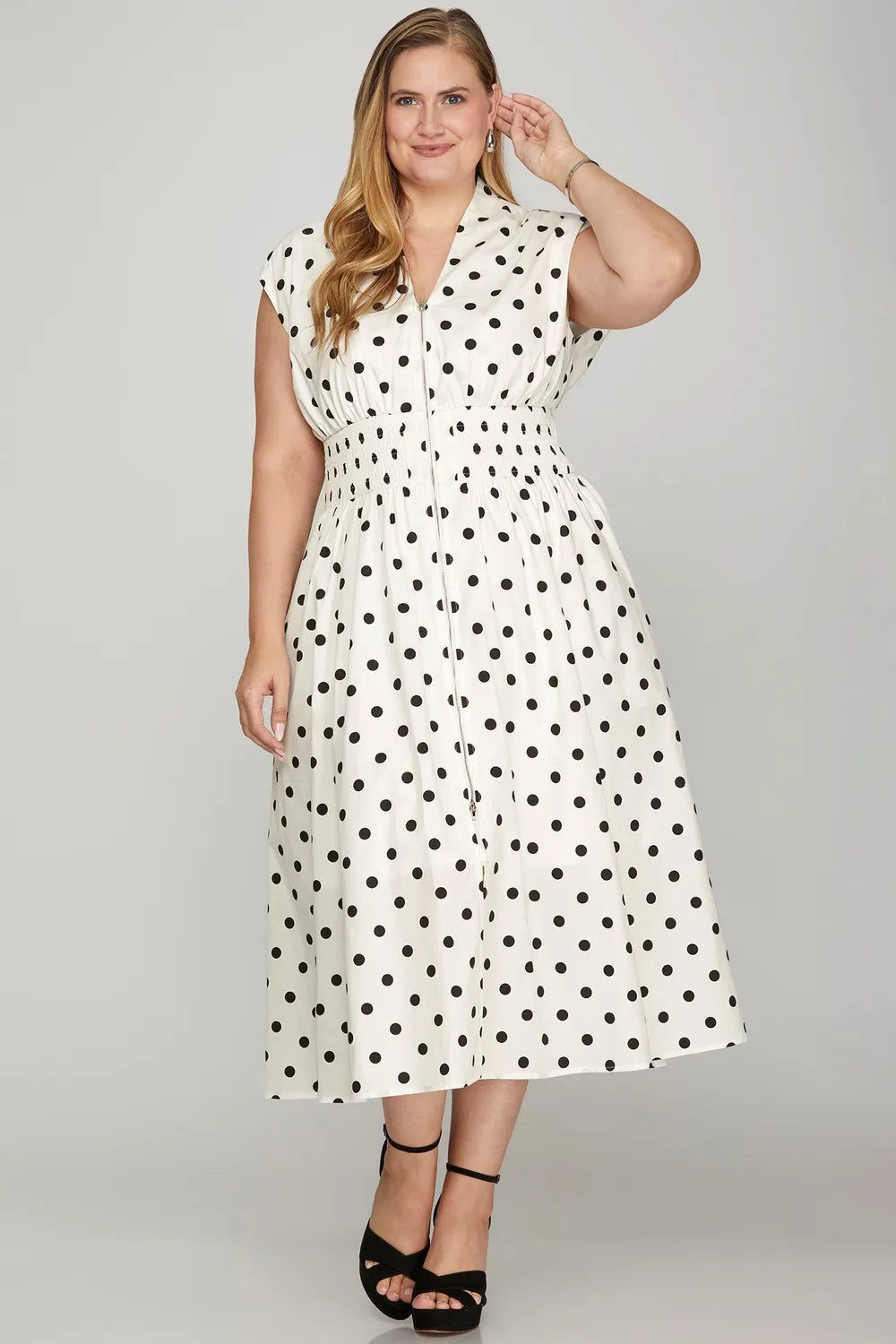 Front Zip Polka Dots Cap Sleeve Midi Dress - Off White - product view 3