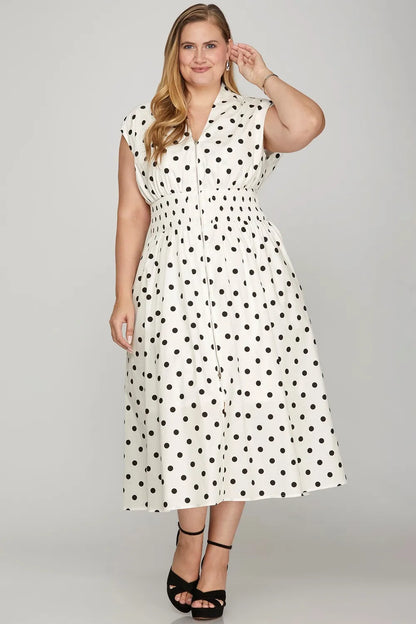 Front Zip Polka Dots Cap Sleeve Midi Dress - Off White - product view 3