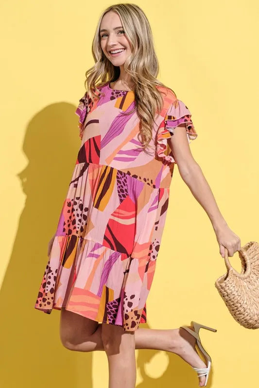 Printed Double Ruffles Sleeve Dress in Mauve - product view 5