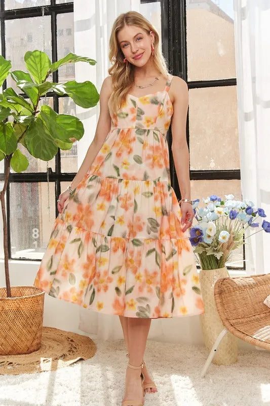 Smocked Back Floral Adjustable Strap Midi Dress in Tangerine - product view 9