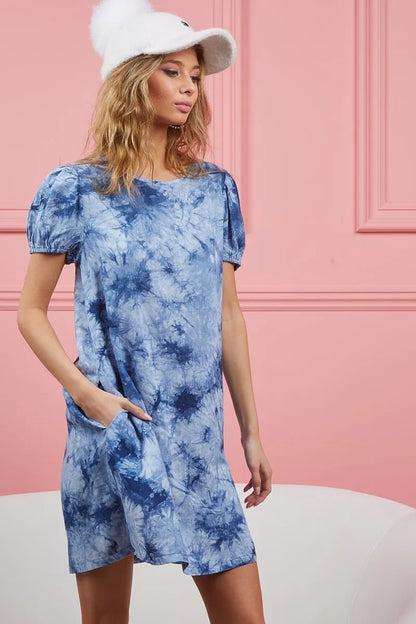 Puff Sleeve With Side Pockets Tie Dye Dress - Navy - product view 3