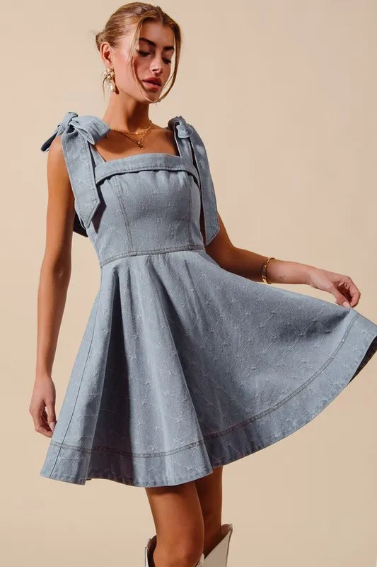 A Line Fit and Flare Diamond Bow Ribbon Denim Dres in Lt Denim - product view 1