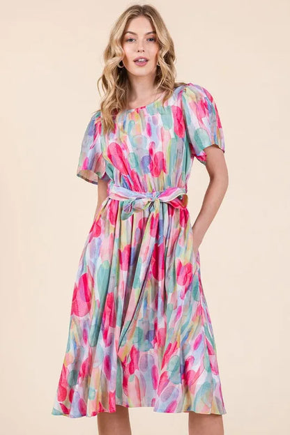 Watercolor Print Tie Front Midi Dress - Pink Combo - product view 1
