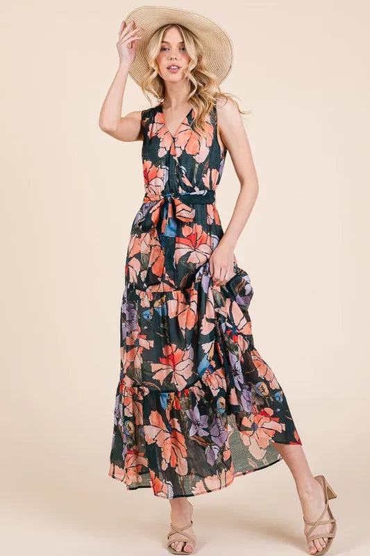 Floral Print Sleeveless Tie Waist Maxi Dress in Multi - product view 1