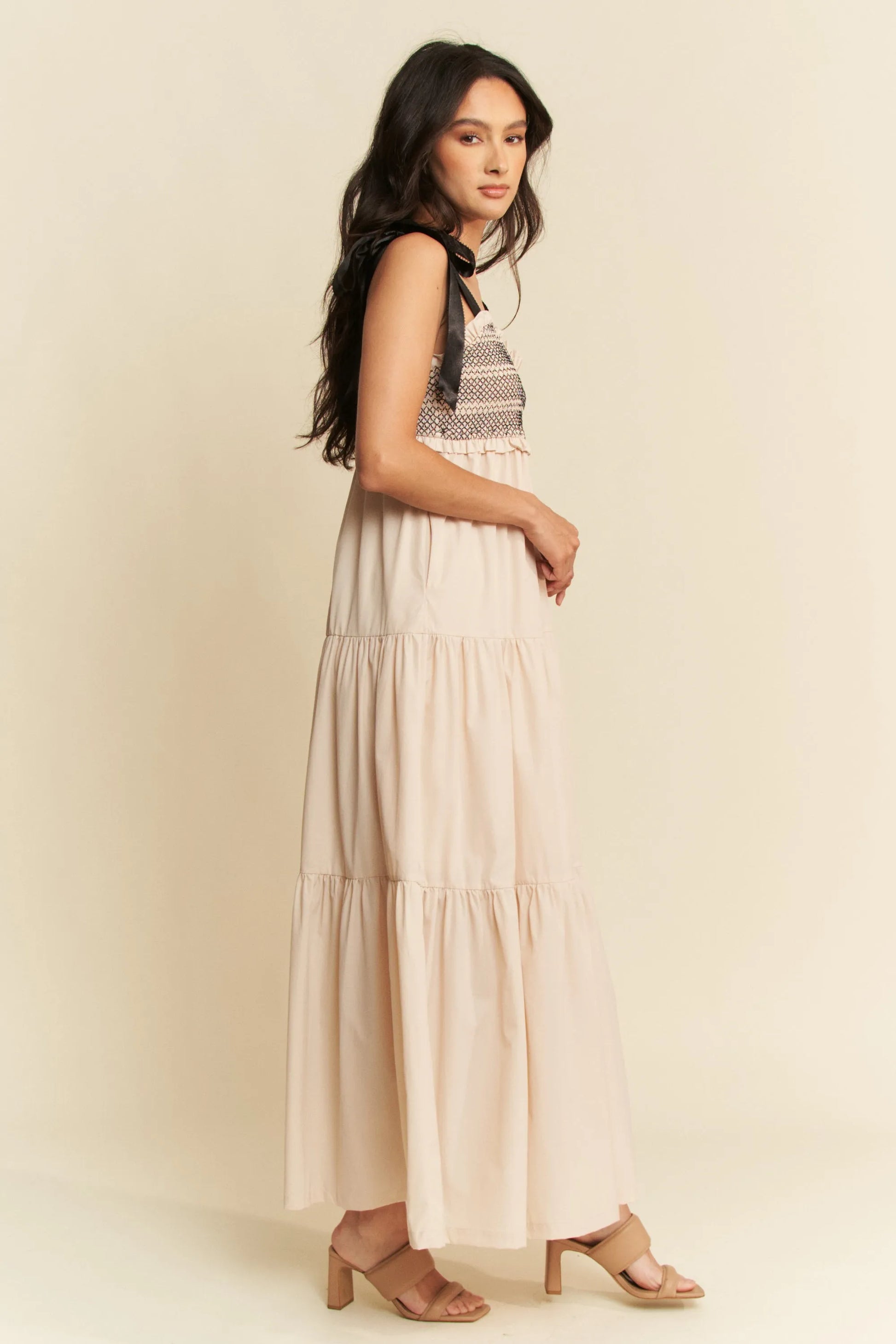 Multi Contrast Smocked Bodice Straps Maxi Dress in Beige - product view 3