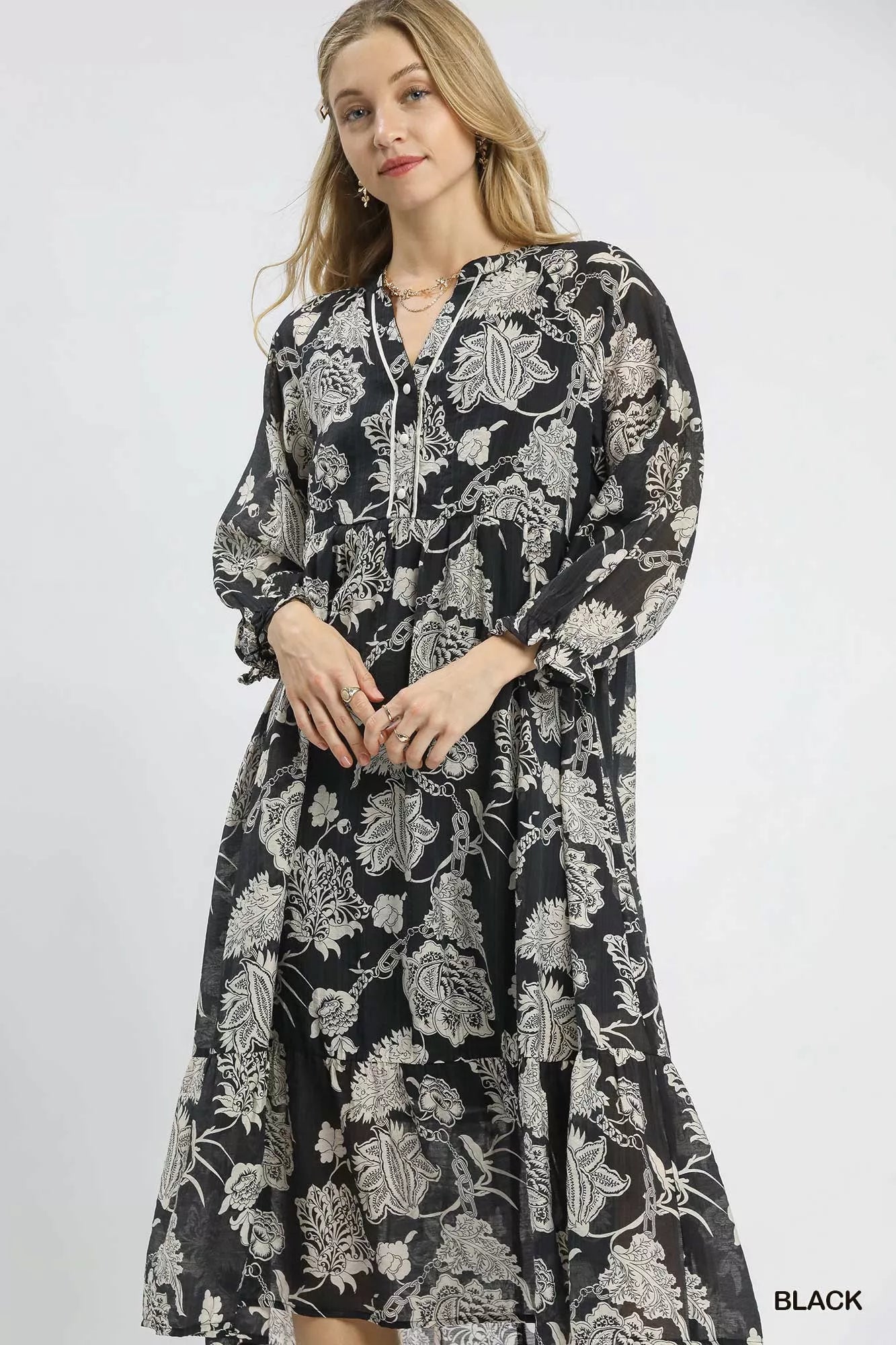 Floral Print Boho Midi Dress in Black - product view 3