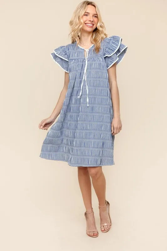Double Ruffle Sleeve Dress with Side Pockets in Navy - product view 6