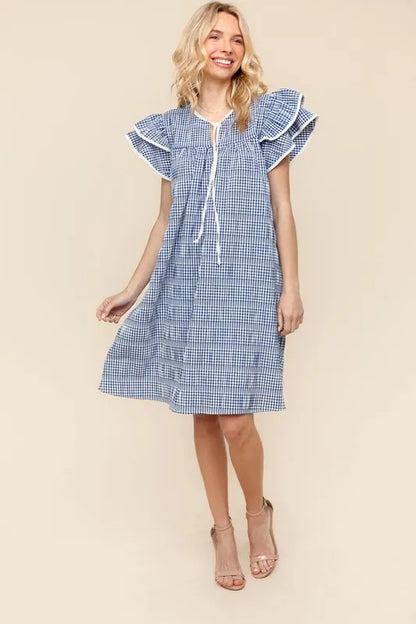 Double Ruffle Sleeve Dress with Side Pockets in Navy - product view 6
