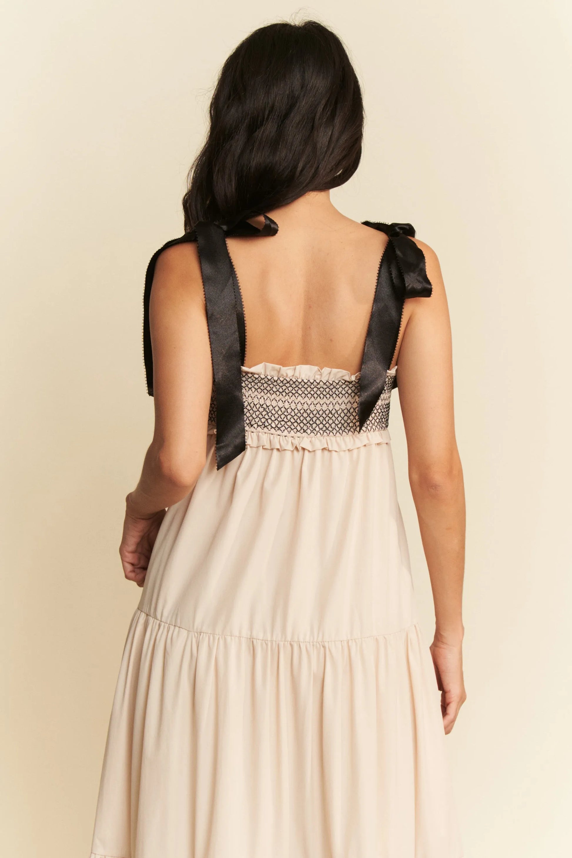 Multi Contrast Smocked Bodice Straps Maxi Dress in Beige - product view 10