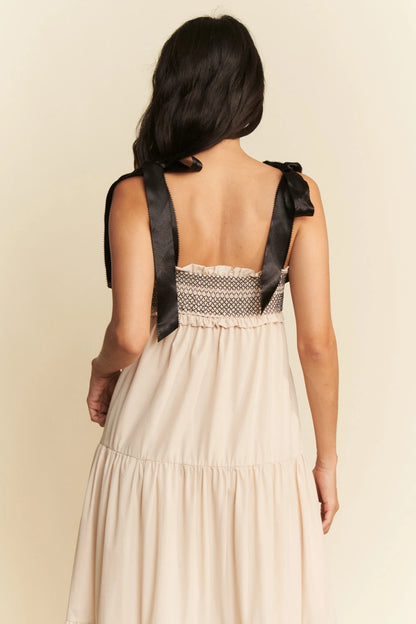 Multi Contrast Smocked Bodice Straps Maxi Dress in Beige - product view 10
