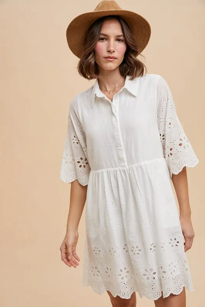 Embroidered Scallop Edge Detail Mini Shirt Dress - Ivory - product view 2