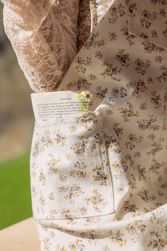 Stretch Ditsy Print Denim Overall Mini Dress in Ivory - product view 8