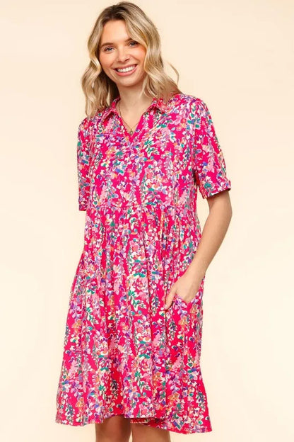 Johnny Collar Babydoll Dress with Side Pockets - Fuchsia - product view 1
