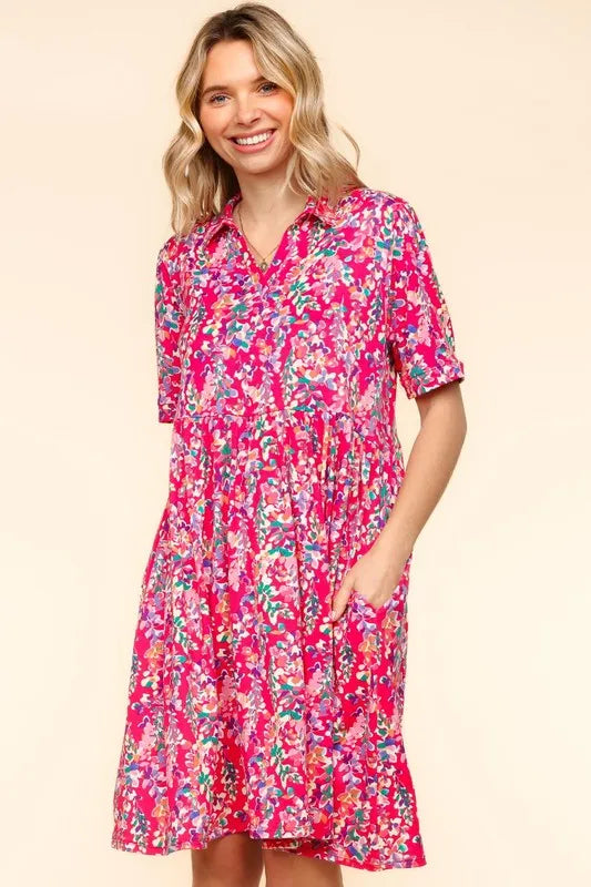 Johnny Collar Babydoll Dress with Side Pockets - Fuchsia - product view 1