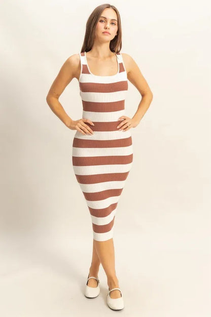 Striped Scoop Neck Wide Strap Knit Dress in Caramel - product view 2