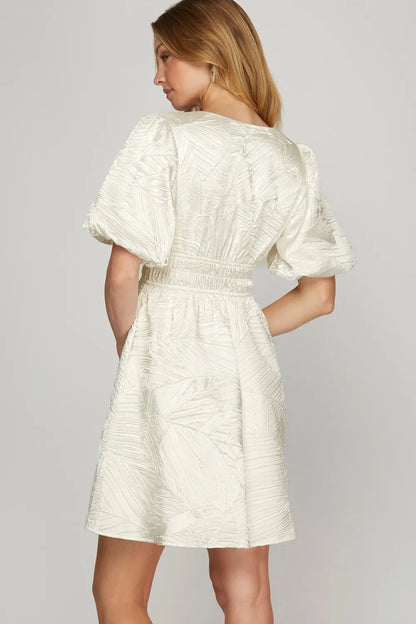 Crinkle Woven V-Neck Balloon Sleeve Mini Dress - Off White - product view 2