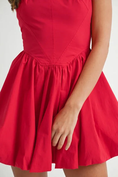 Poplin Square Neckline Bubble Mini Dress in Red - product view 9