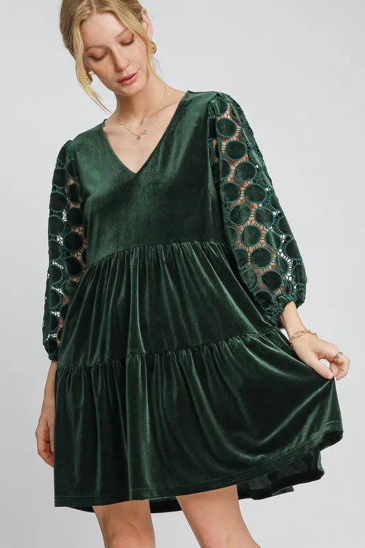 Dotted Lace Sleeve Tiered Velvet Mini Dress - Dark Green - product view 1