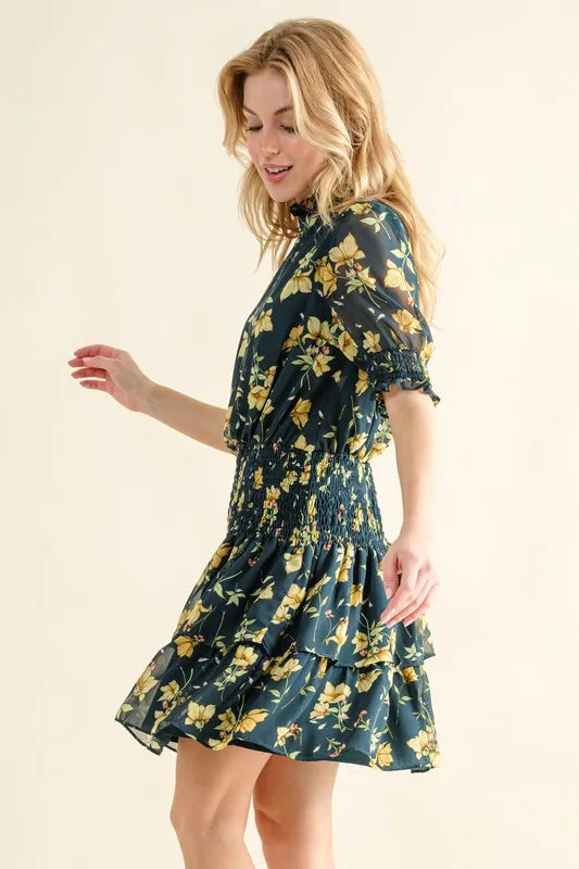 Floral Print Smocked Waist Mini Dress in Hunter Green - product view 3