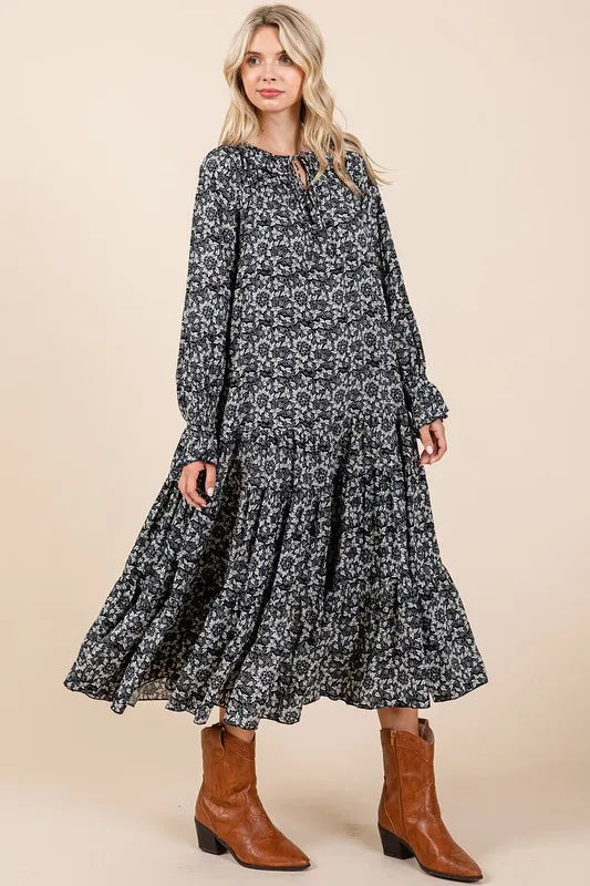 Printed Tie Neck Flounce Sleeve Midi Dress in Dark Navy - product view 4