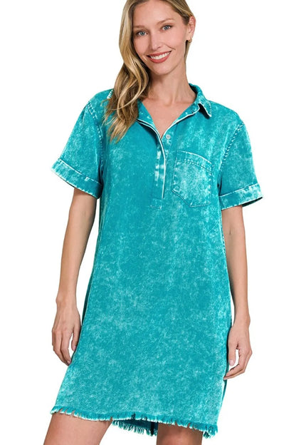 Tencel Mineral Washed Collared Shirts Dress - Lt Teal - product view 1
